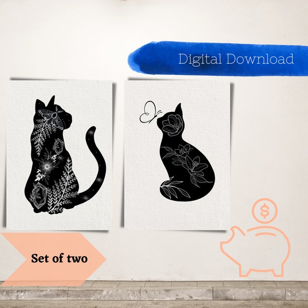 SET OF TWO, Black Cat Floral Design, Digital, Printable, wall art instant download. Digital Art Print - Beautiful Mystic cat, xray,butterfly