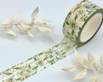 Washi Tape Samples - London Gifties - weiße Blumen / Kamille mit goldener Schrift (fresh camomile blossoms)