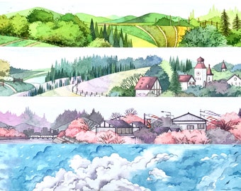 Washi Tape Sample auf Trägerpapier - Washi Tape Landschaft - Wald / Häuser/ Wolken - Aquarell / Watercolor