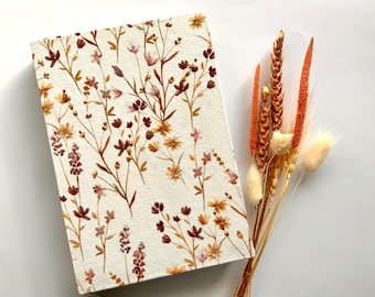 Notebook / sketchbook with fabric cover - hardcover - gray paper or brown paper - wildflowers / watercolor