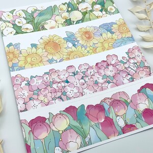 Washi Tape Sample auf Trägerpapier - Washi Tape Blumen - Pastellfarben - Frühling - Sommer - Tulpen - Sonnenblumen - Maiglöckchen