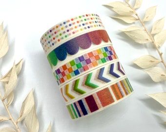 Washi Tapes - 5er Set - Regenbogen - Punkte - Karos - Streifen