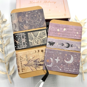 Washi Tape Samples - Notebook Therapy - Moonlit Alchemy - Vintage - Kupferfarbene Details Schmetterlinge - Mond - Weltraum