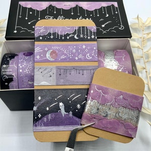 Washi Tape Samples - Notebook Therapy - Falling Stars - Silberne Details - Mond - Sterne - Weltraum
