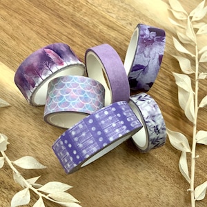Washi Tape ganze Rollen - Set mit 6 Rollen - Lila Muster - Blumen - Federn