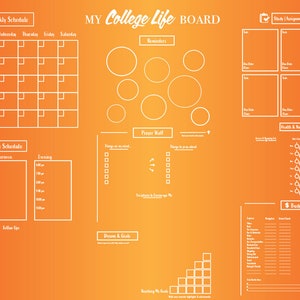 Peut inclure: Un tableau de bord imprimable pour la vie universitaire avec des sections pour un emploi du temps hebdomadaire, un emploi du temps quotidien, des rappels, un mur de prière, des devoirs d'études, la santé et la nutrition, des rêves et des objectifs, et un budget. Le tableau est sur un fond orange dégradé.