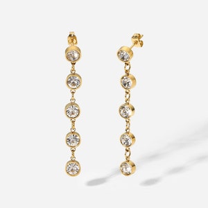 Elegant 18K Gold-Plated Stainless Steel Rhinestone Tassel Minimalist Drop Earrings