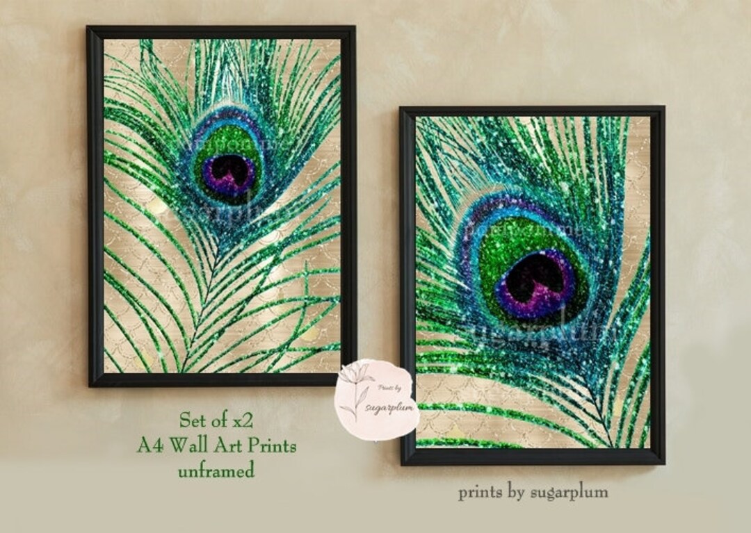 Art Deco, Peacock Feather, Wall Art, Set of X2, Gold, Green, Teal