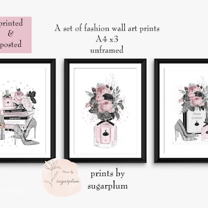 Blush, Pink, Fashion Prints, Watercolour, Butterfly, Fairy, Roses, Dressing Room, Glam Picture, Set of x3 Prints A4 FREE POSTAGE