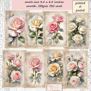 May include: Eight printable card toppers featuring watercolour illustrations of pink and white roses on a vintage background. The cards are 3.5 inches by 2.5 inches and printed on 280gsm FSC card.