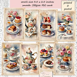 May include: Eight vintage-style card toppers for journals, each with watercolor illustrations of tea sets, cakes, and flowers. The cards are small, measuring 8.9 x 6.4 cm, and are printed on smooth 280gsm FSC card. The text "printed & posted" is visible.