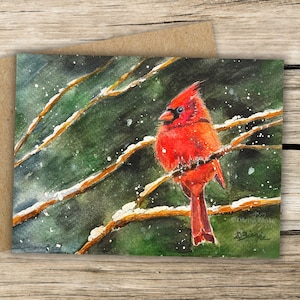 Oiseau cardinal de Noël, lot de 10 cartes, carte de vœux, art ornithologie, carte d'art aquarelle Cardinal, carte de la faune, carte de voeux art encadré
