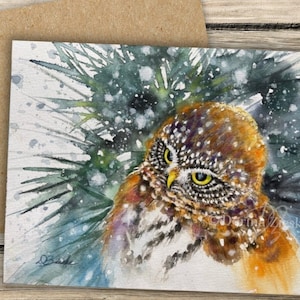 Lot de 10 cartes de voeux de chouette pygmée, Noël, carte de voeux d'anniversaire, art aquarelle de chouette, carte d'amateurs de chouette, carte d'art à encadrer, carte pour toutes les occasions
