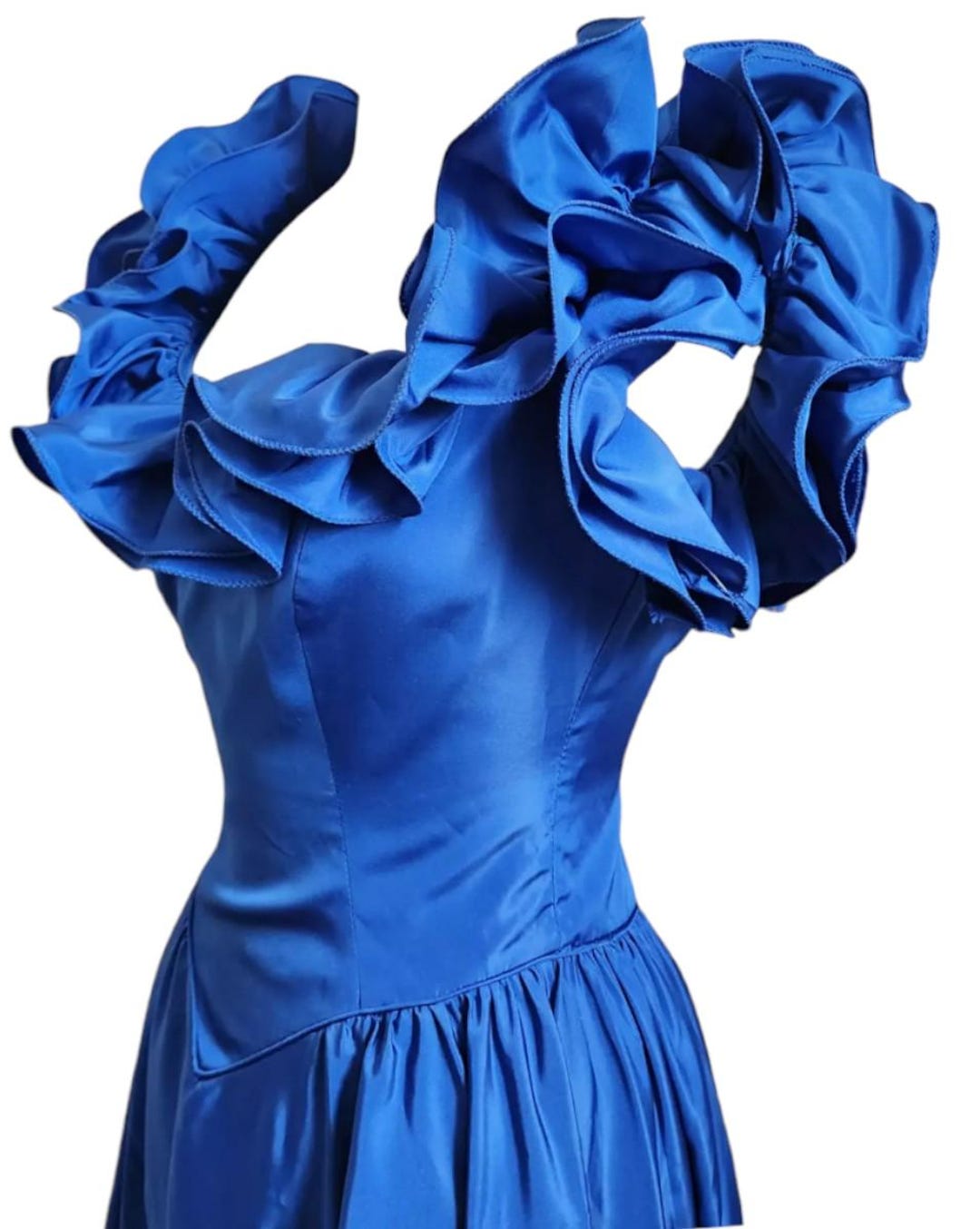 1986 Prom Dress Royal Blue Chiffon off Shoulder Ruffled Neckline Basque ...