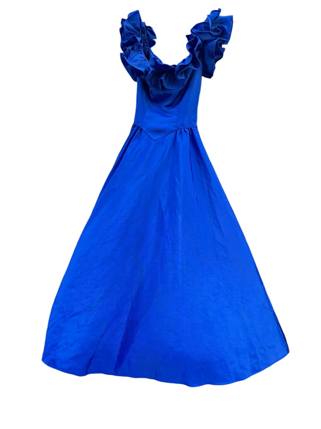 1986 Prom Dress Royal Blue Chiffon off Shoulder Ruffled Neckline Basque ...