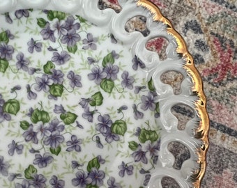 Vintage Lefton Violets Porcelain Compote & Cream Sugar Set