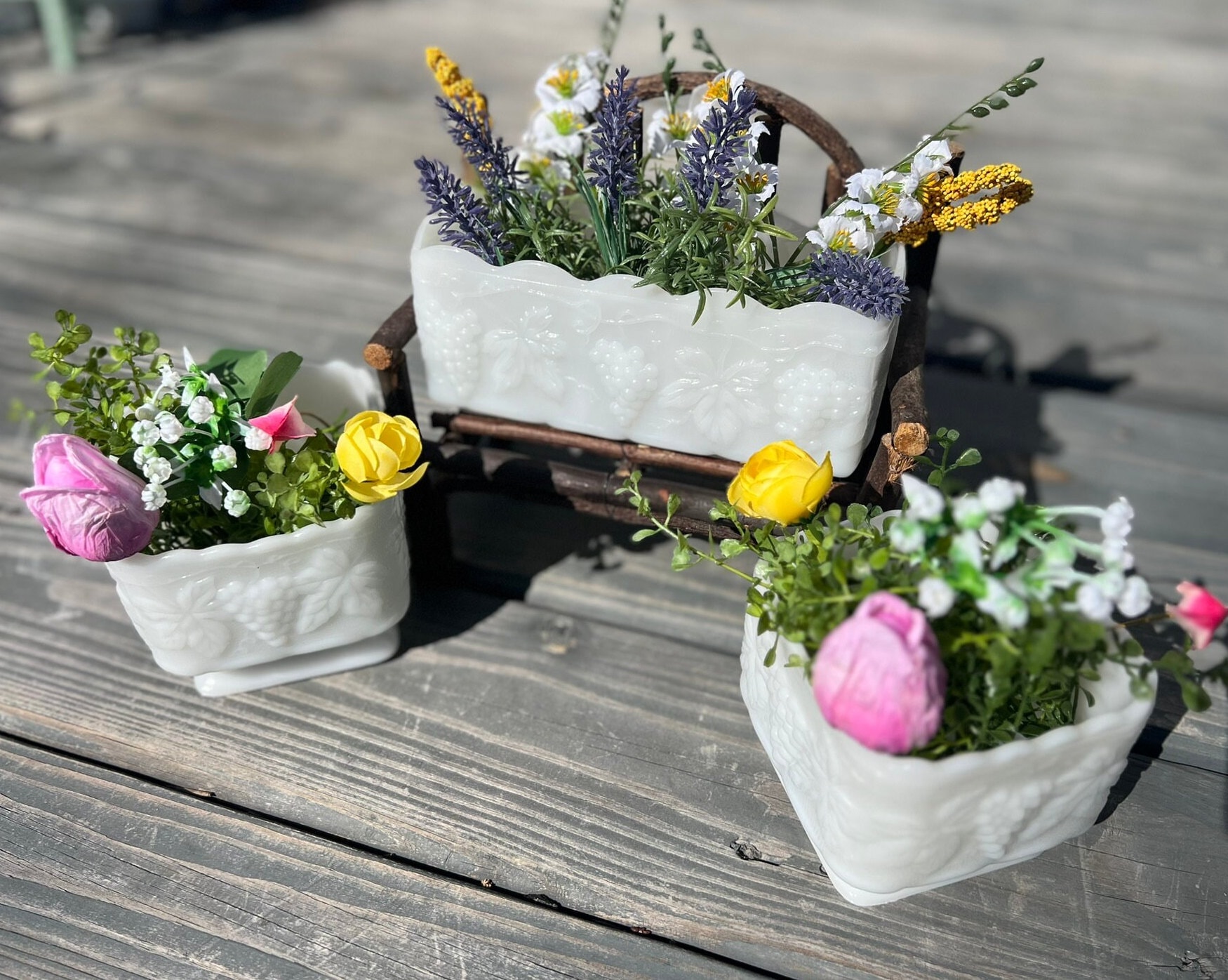 Trio of Fire King Milk Glass Footed Planter Vases Grape Cluster & Vine Relief Scalloped Rim Sweet Vintage Wedding Cottage Granny Chic Decor