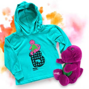 Vintage 4T Barney the Dinosaur 4T Teal Hooded Long Sleeve Embossed Velvet Print c. 1993 + FIRST Barney Plush c. 1992 Lyons Group Bundle EUC