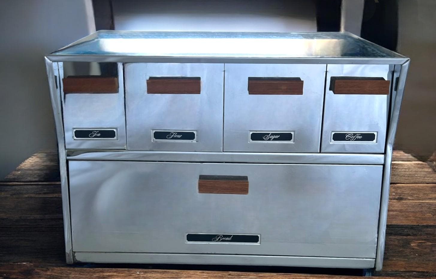 1960s Krestline Kombo Bin Canister: Vintage Chrome Breadbox, Walnut Handles, MCM