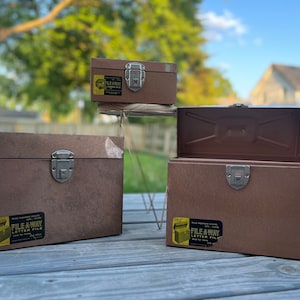 Juego de 3 piezas de portafiles vintage de los años 60 de Ballonoff, cajas de almacenamiento portátiles de archivos y cheques de metal de cobre, decoración vintage de oficina retro ¡CON LLAVE!