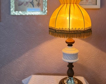 1960&#39;s Romantic Fenton Milk Glass & Walnut Desk Lamp w/ Brass Accents Victorian Umbrella Lampshade Embroidered Silky Fringe Granny Shabby