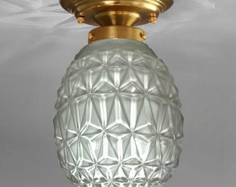 Antique Diamond Pineapple Cased Glass Light Diffuser Shade Flush Mount c. 1930s Art Deco Nouveau Old Hollywood Regency Boudoir Lighting Lamp