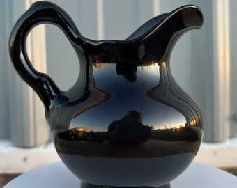 1950&#39;s Frankoma Jet Black Glossy Miniature Pitcher Gothic Glamorous Vintage Dark Academia Decor