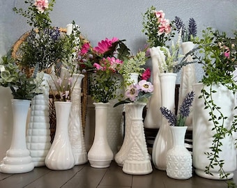 LOTS of Milk Glass Vases From Hoosier Randall Brody Anchor Hocking Hobnail Quilt Teardrop Daisy Starburst Bud Trumpet Wedding Shower Easter