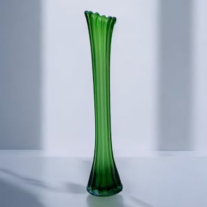 Vintage LE Smith Wintergreen Ribbed Glass Vase - 16" Mid Century Modern