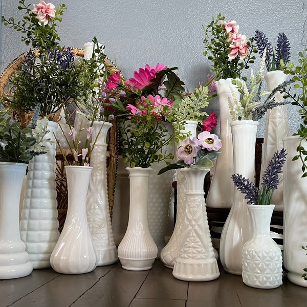 LOTS of Milk Glass Vases • Hoosier Randall Brody Anchor Hocking • Hobnail Quilted Teardrop Daisy Stars Dash Dot • Bud Trumpet Wedding Shower