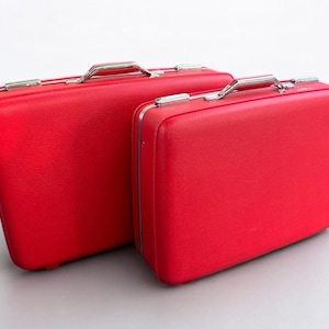 c. 1963 Red Tiara by American Tourister Suitcases Fiberglass Reinforced Cream Brocade Lining Chrome Accents Swing Locks Toiletry Bags BMW