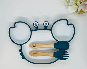 Meal set plate and cutlery for personalized children -wooden cutlery -birth gift -baby silicone plate-baby suction cup plate