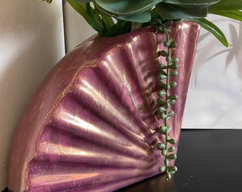 Ceramic fan shaped, pink, gold, vase, art deco, girly, flower vase, pottery, gold leaf, vintage, vtg
