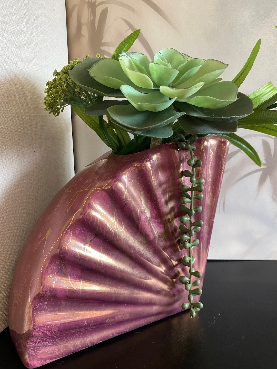 Ceramic Fan Shaped, Pink, Gold, Vase, Art Deco, Girly, Flower Vase