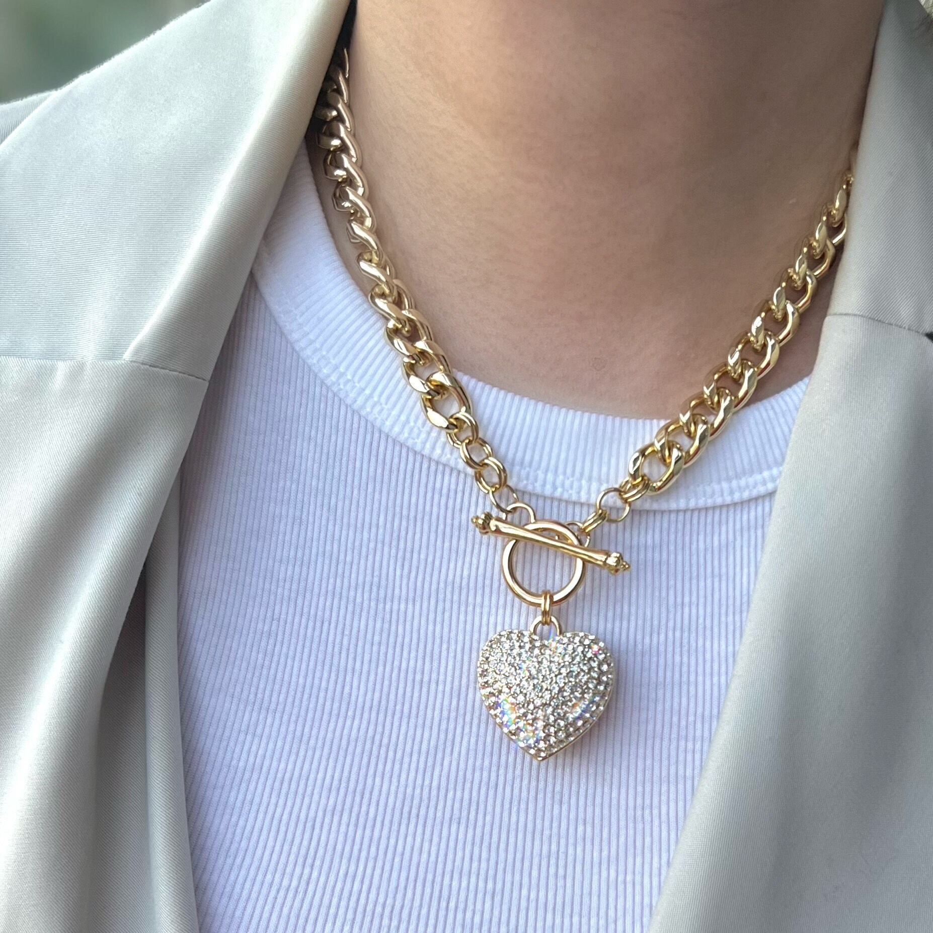 Chunky Heart Necklace, Gold Oversized Large Heart Necklace, Gold Chain Necklace, Toggle Choker ...