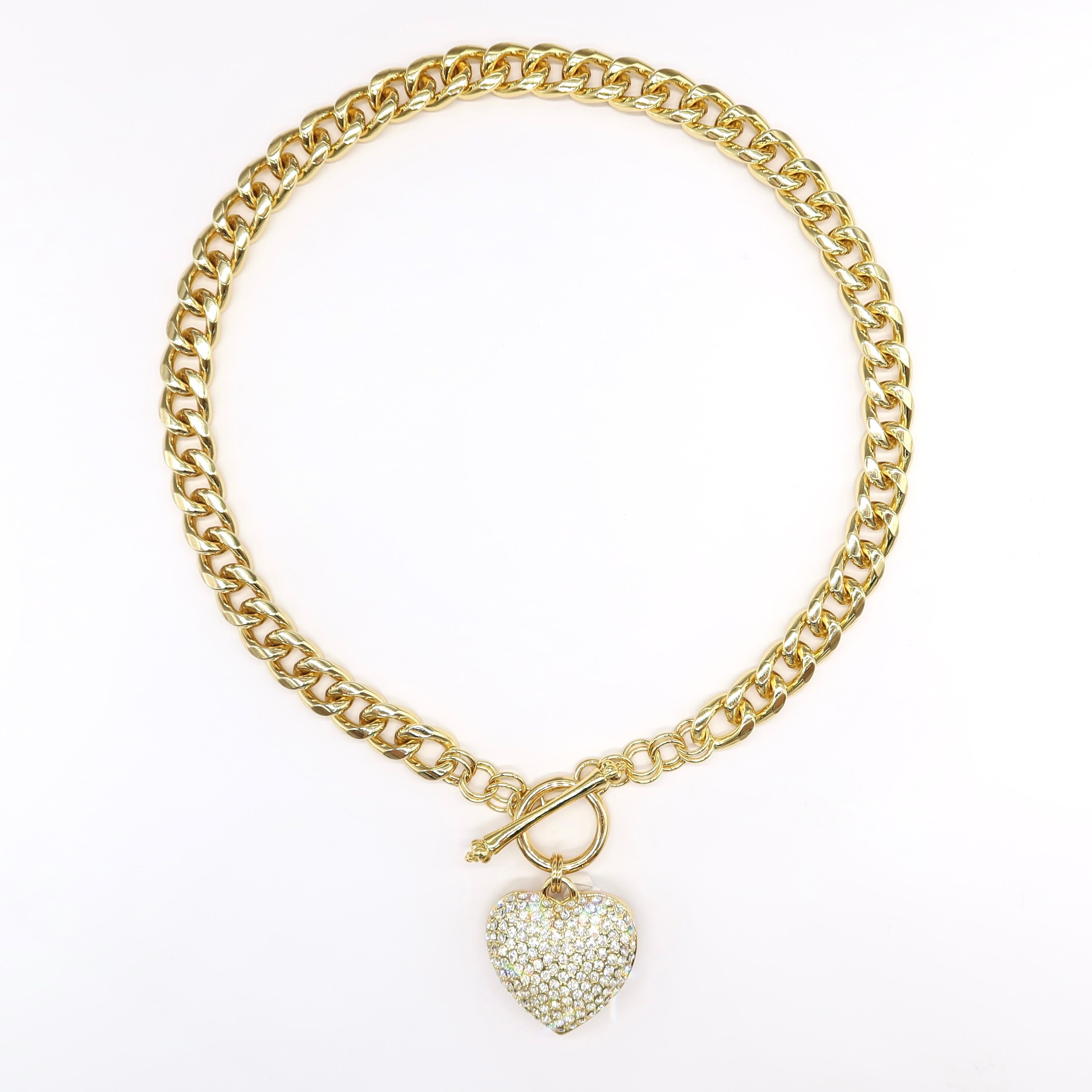 Chunky Heart Necklace, Gold Oversized Large Heart Necklace, Gold Chain Necklace, Toggle Choker ...