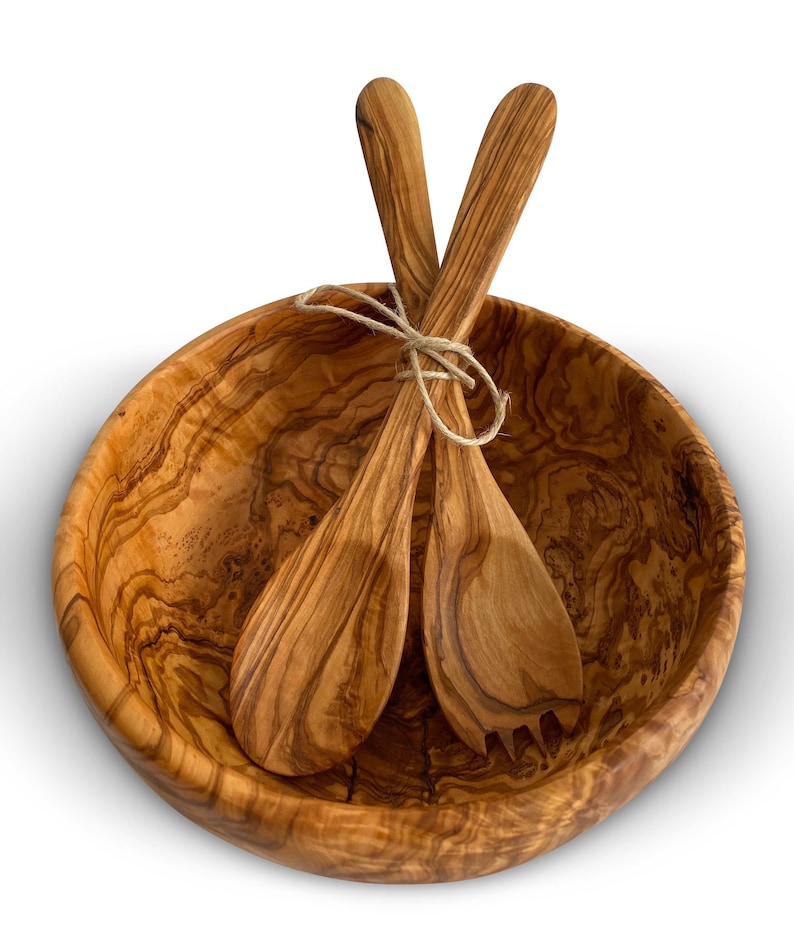 Olive Wood Salad Bowl Set With Wood Spoon and Fork Order Etsy