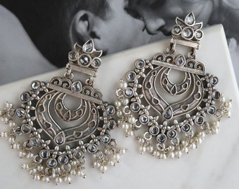 Chandbali Mini Pearls Tassel Silver Drop Earrings