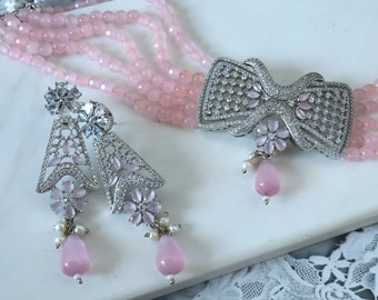 Pink Quartz Choker and Earrings Set