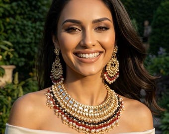 Royal Black and Red Kundan Imitation Necklace and Earrings Set