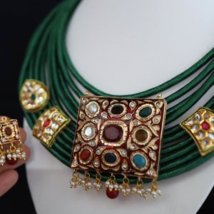 Green Multi-stranded Silk Thread Jute Necklace Set - Navratna Style