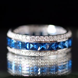 925 Sterling Silver Multi Row Blue Emerald Cut Ring - Size 8