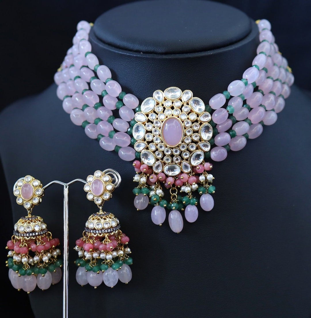 Pink Handcraft Pink Handcrafted Jewellery Set With Choker and Jhumka Earrings - Etsy
