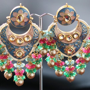 Hand Painted Chaand Moon Bali with Multi Stone Beads Earrings