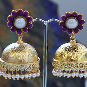 Purple and Etched Gold Large Jhumki Earrings
