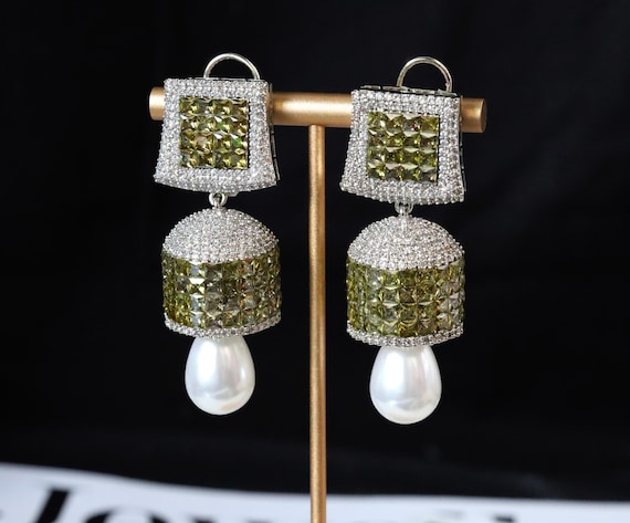 Olive Green CZ Jhumka Earrings