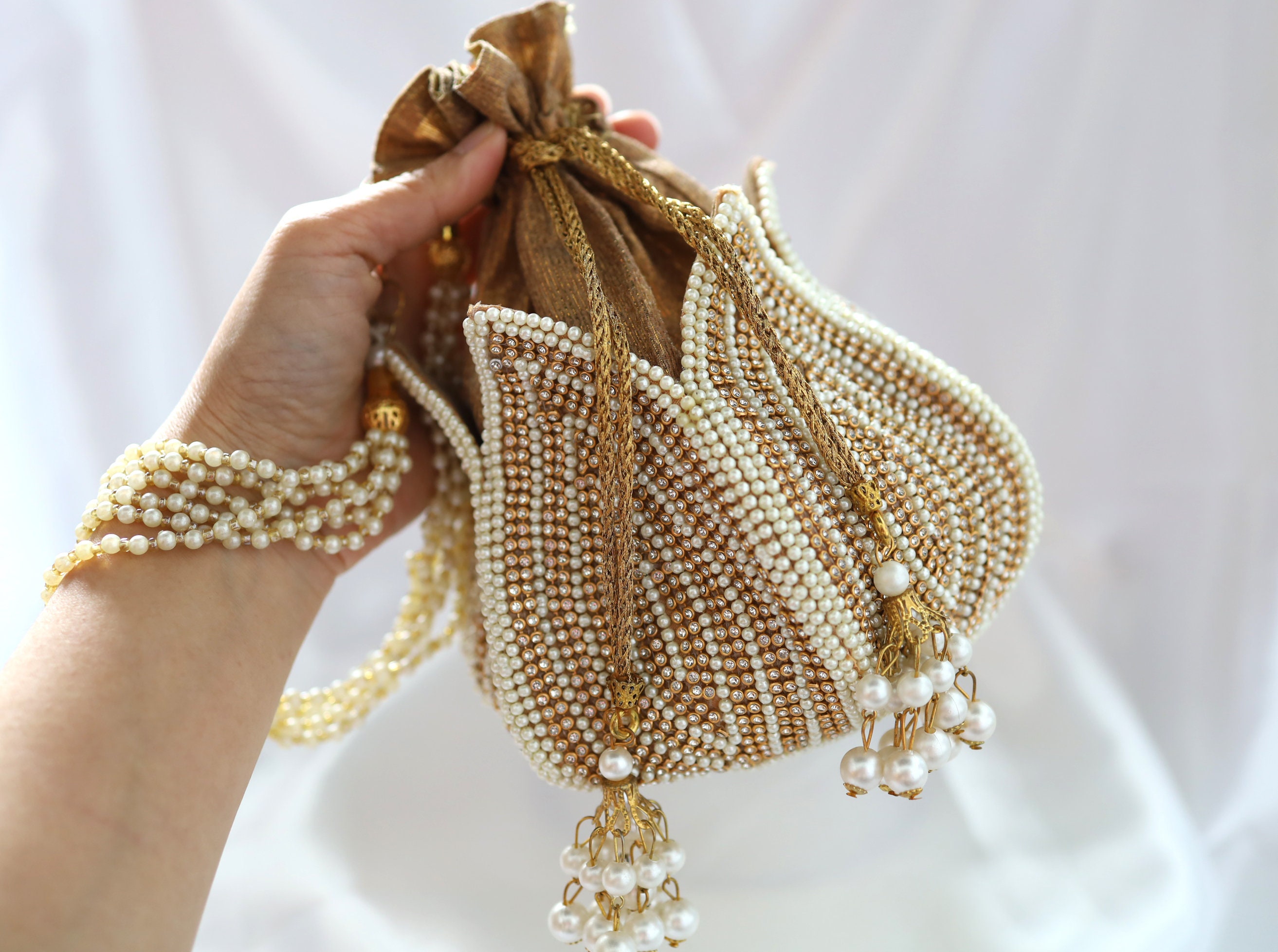 Beautiful Lotus Shape White Gold Pearl Potli Bag Etsy