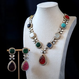 Multicolour Stone Choker Necklace and Earrings