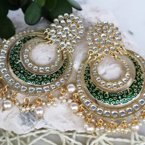 Green and Gold Oversized Yet Chic Chaand Bali Earrings