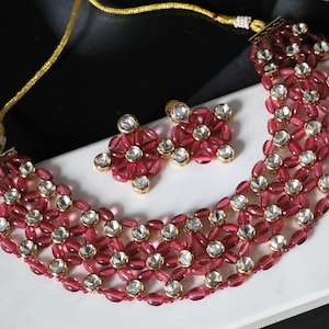 Pink Beads Kundan Choker and Earrings Set